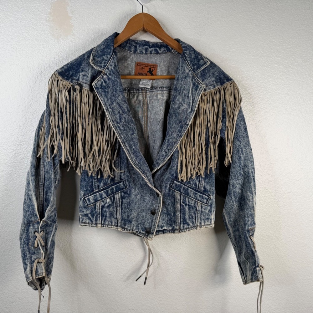 Prezzia Women's Denim Jacket Sz M Acid Wash Leather Fringe Western Festival